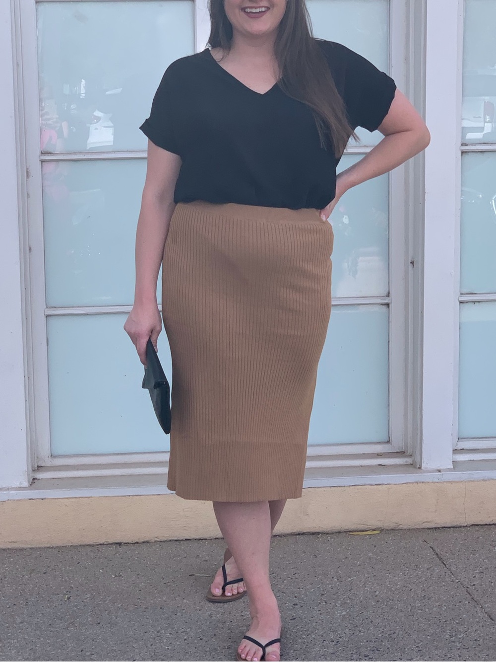 Hem & Thread Ribbed Midi Skirt in Camel